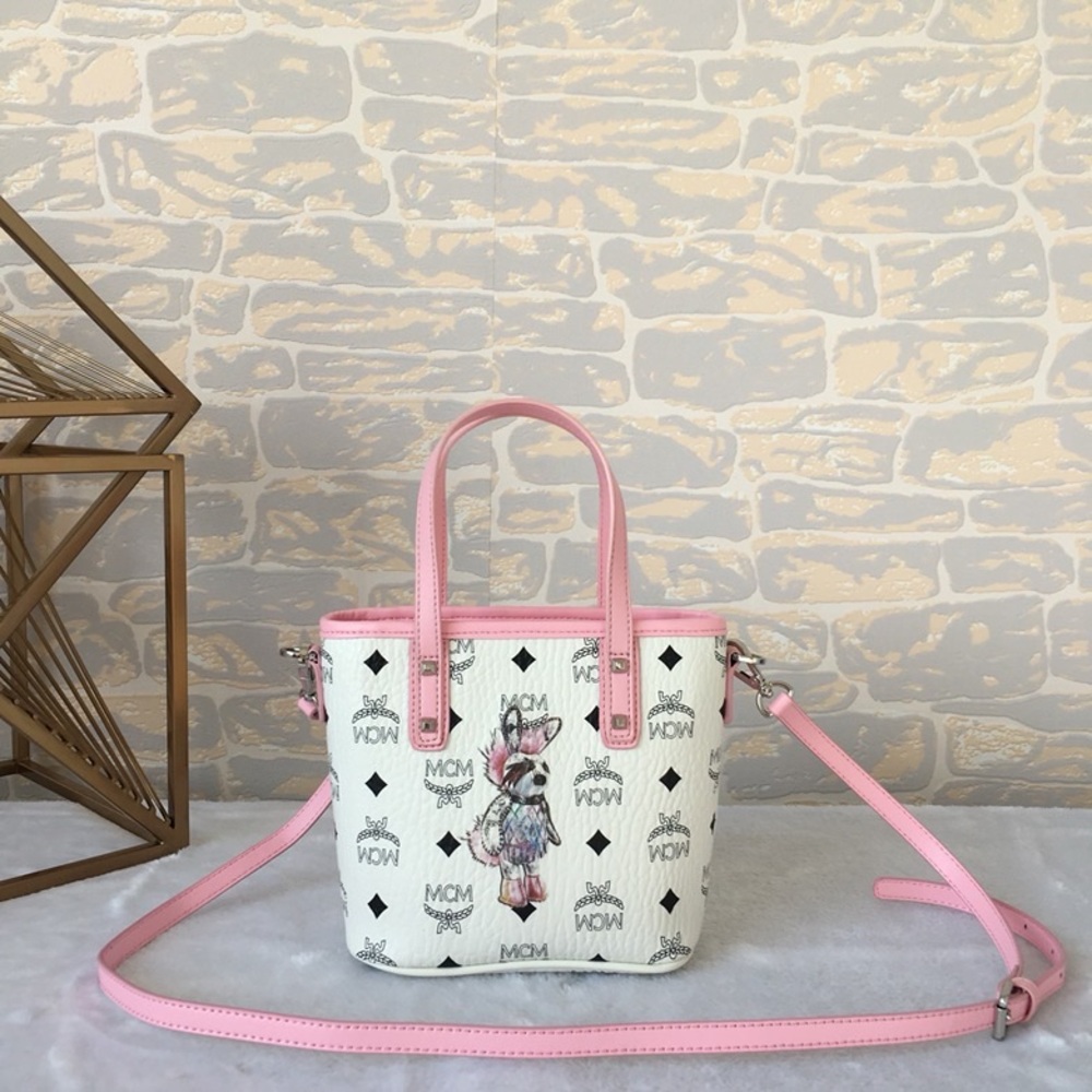 MCM White Mini Tote with Pink Trim and Graphic